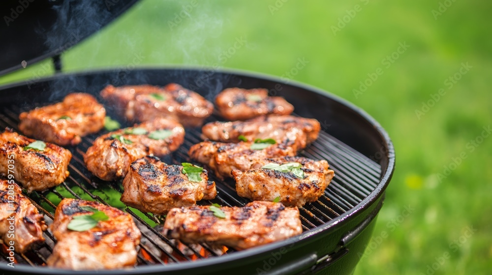 Juicy grilled chicken thighs sizzling on barbecue grill in a sunny backyard setting Juicy grilled chicken thighs sizzling on barbecue grill in a sunny backyard setting