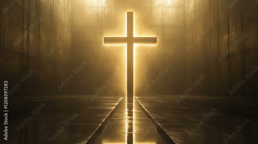 Naklejka premium Illuminated wooden Christian cross stands in tranquil, misty setting, symbolizing faith and hope, glowing softly with warm light, creating peaceful and serene atmosphere.