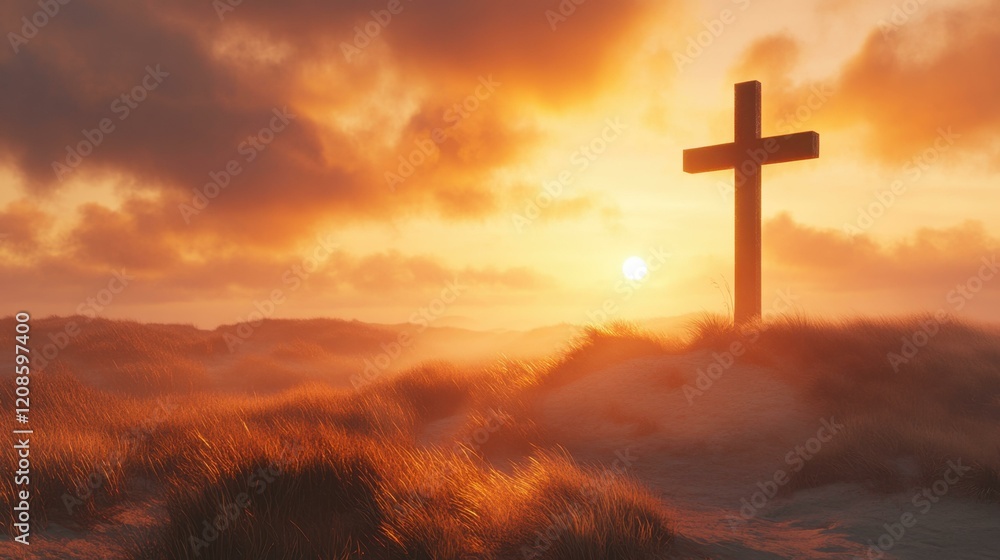 Obraz premium Serene landscape at sunset featuring a majestic Christian cross standing tall over golden grasses, symbolizing hope and faith, illuminated by warm rays of evening light.