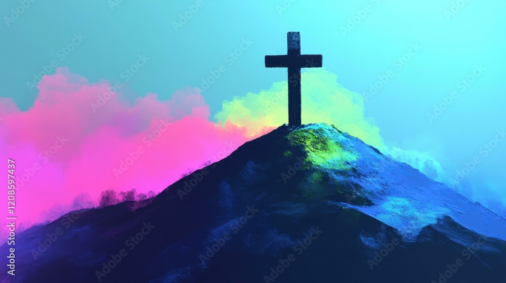 Obraz premium Vibrant silhouette of cross on mountain with colorful fog backdrop