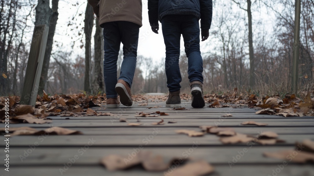 Two people walking on a wooden path in autumn. Two people walking on a wooden path in autumn.