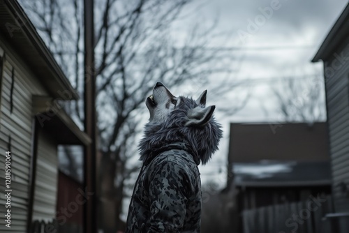 A teenager engaging in quadrobics, wearing a wolf costume, howling towards the cloudy sky in an outdoor setting, embodying energy and connection to nature. photo