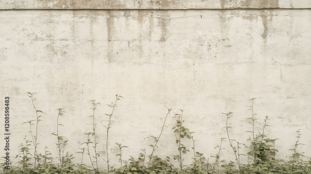 Fototapeta premium Weathered concrete wall with small plants at base.