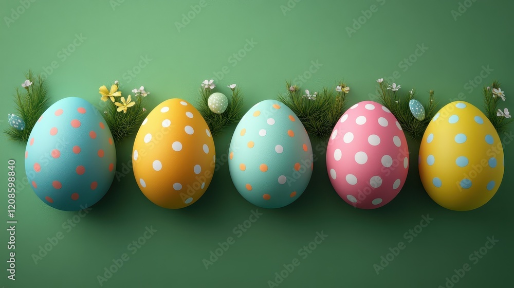 Colorful polka dot easter eggs on vibrant spring green background for holiday decoration