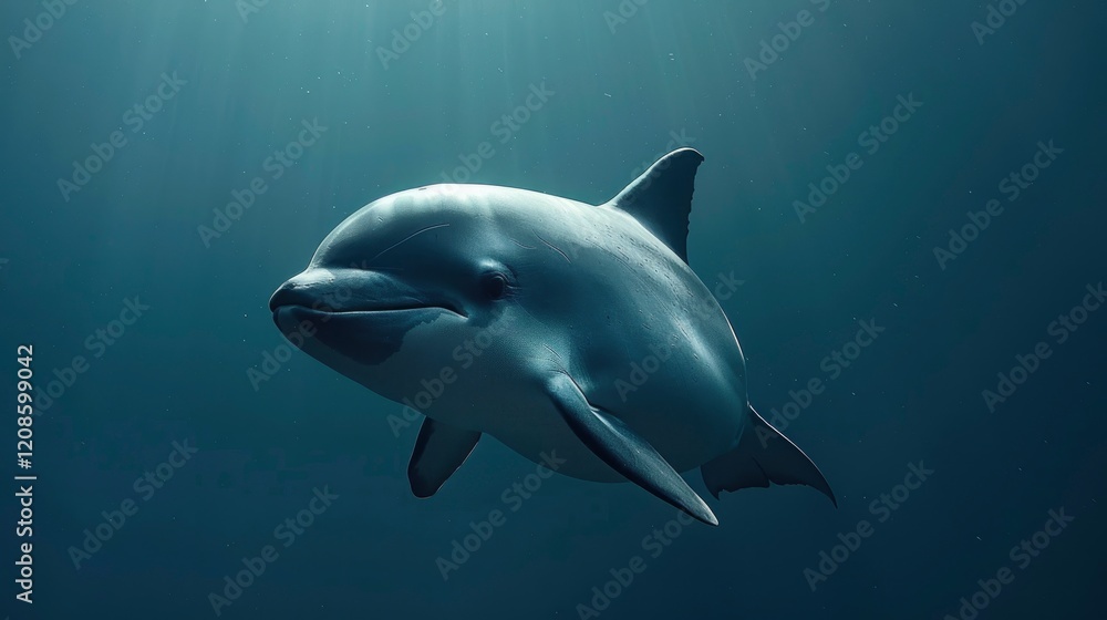 A playful dolphin swimming gracefully in deep blue ocean waters, sunlight filtering through the surface A playful dolphin swimming gracefully in deep blue ocean waters, sunlight filtering through the surface