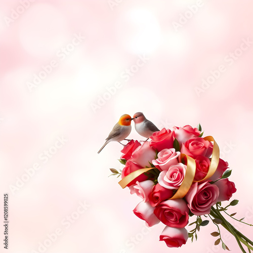 Bird couple with beaks touching on a bouquet of roses