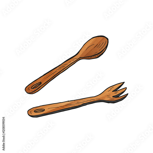 Wooden spoon and fork utensil watercolor doodle cartoon hand drawn.