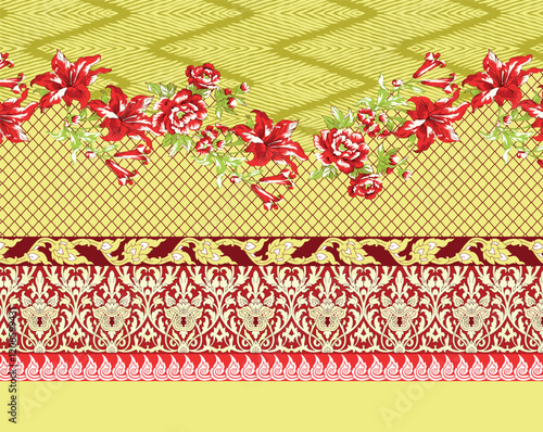 Geometric Floral Border , redefined with floral and paisley accents, ideal for elegant wallpapers and fabric collections.