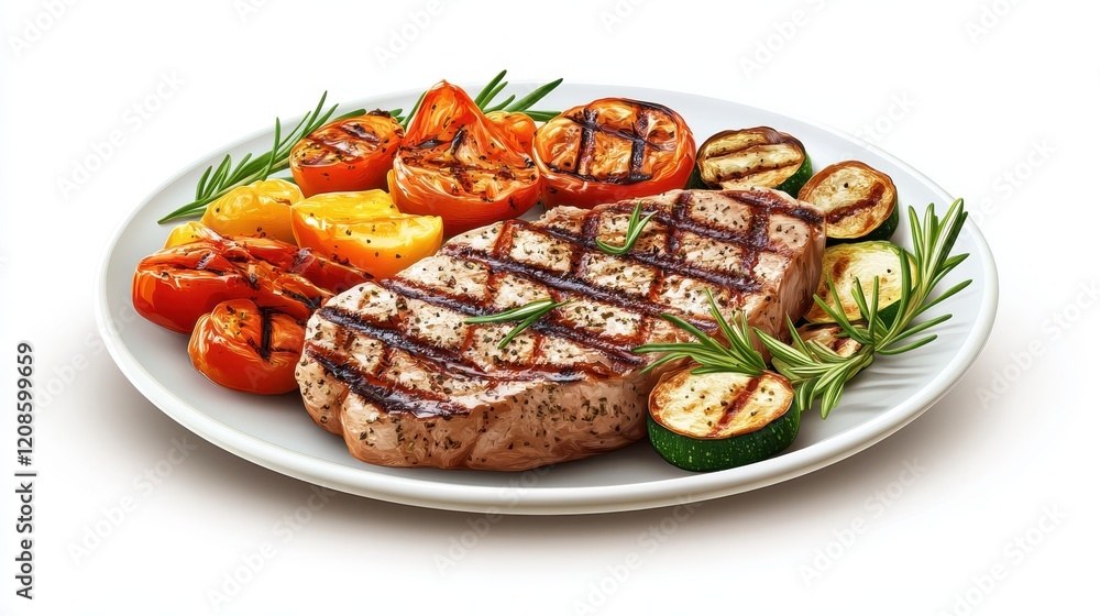 Grilled steak with assorted vegetables and herbs on a white plate Grilled steak with assorted vegetables and herbs on a white plate