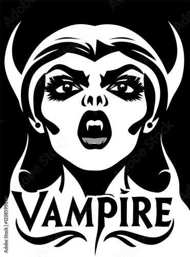 Female vampire. Black abd white illustratiion with lettering in art nouveau style