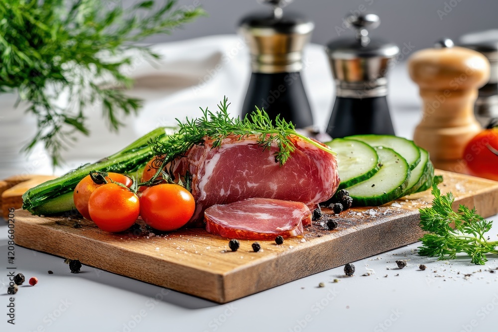 Fresh and Colorful Ingredients on Wooden Cutting Board Featuring Cured Meat, Tomatoes, Cucumbers, and Herbs, Perfect for Culinary Inspiration and Food Photography