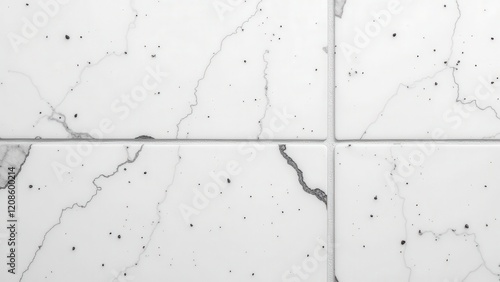 A captivating mosaic of six pristine white marble tiles featuring a central black speckle on each; set against an elegant backdrop with subtle cracks adding character. Arranged thoughtfully in a 4x4 p photo