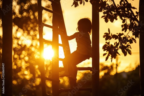 Charming Silhouette of a Child Climbing a Jungle Gym During Golden Hour in an Urban Park Setting with Beautiful Backlighting and Raw Aesthetic