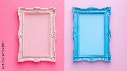 Elegant pink and blue ornate frames on vibrant colored backgrounds photo