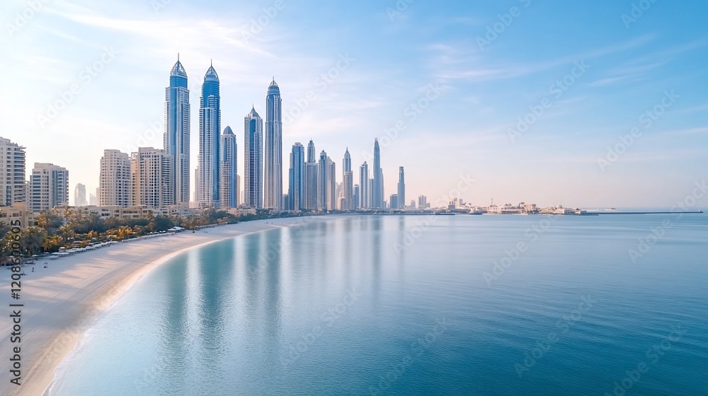 Fototapeta premium Skyline, beach, city, sunrise, calm sea, UAE, tourism, postcard