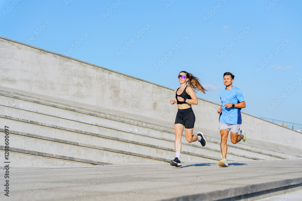 Obraz premium Couple enjoys a morning jog on a sunny day at an urban park with modern architecture