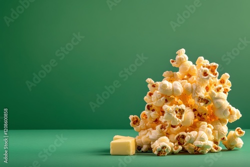 Freshly Popped Popcorn Pile with Butter on a Green Background Ideal for Food Photography and Snack Themes photo