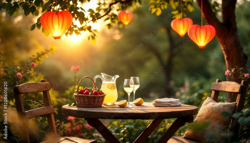 Fototapeta premium A rustic garden table with strawberries, lemonade, and heart-shaped lanterns, creating a romantic Valentine's Day scene.