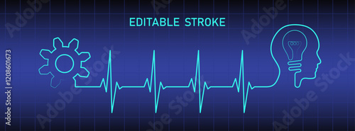 Editable blue monitor heart rhythm illustration with lightbulb, head, gear, heartbeat line vector to use for healthcare, business idea, healthy lifestyle, medicine, ekg concept illustration projects. 