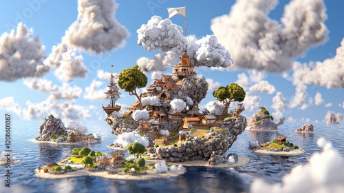 Cloud Island Village Fantasy town on floating rock, surrounded by sea and clouds. Ideal for fairytale, game, book cover