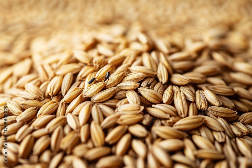 Obraz premium Close-Up of Grains with Insects in Sharp Macro Lighting, Showcasing Natural Farm Backdrop and Raw Textures of Rural Agriculture