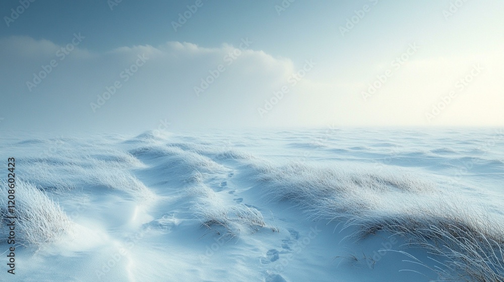 Obraz premium A snowy coastal landscape with icy cliffs, a calm ocean in the distance, and snowflakes gently falling. 331