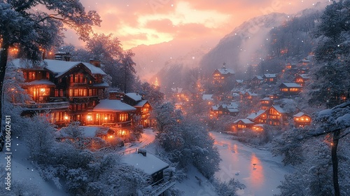 A rolling snow-covered hill at sunset, with the warm glow of the sun casting long shadows across the pristine snow. 333