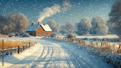 A snowy field with a lone, bare tree standing against a backdrop of snow-covered hills and a pale blue sky. 378