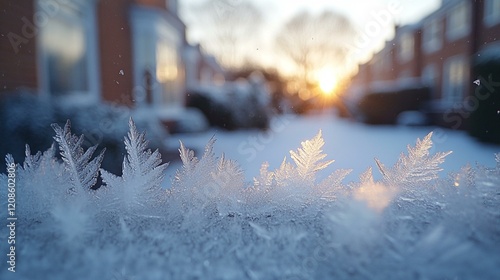 A frozen waterfall cascading down a rocky cliff, surrounded by a blanket of snow and mist rising from the base. 382