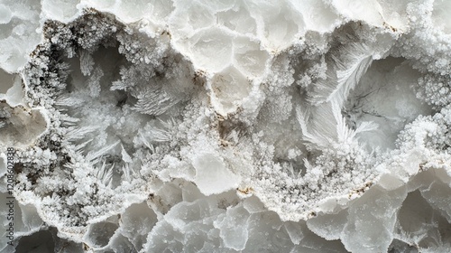 A frozen waterfall cascading down a rocky cliff, surrounded by a blanket of snow and mist rising from the base. 381