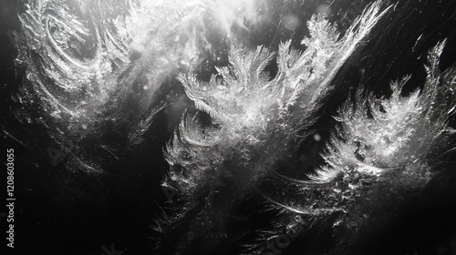 A macro shot of frost forming geometric shapes on a leaf, with a soft, blurred background. 416