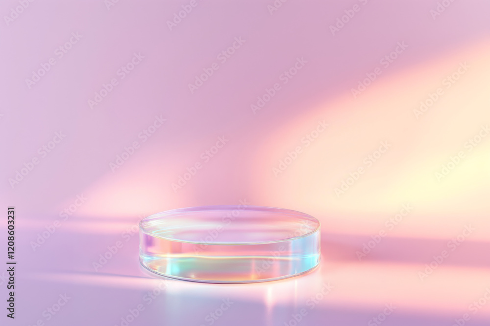 Chromatic glass podium reflecting soft pastel hues in a serene space for creative presentations Chromatic glass podium reflecting soft pastel hues in a serene space for creative presentations