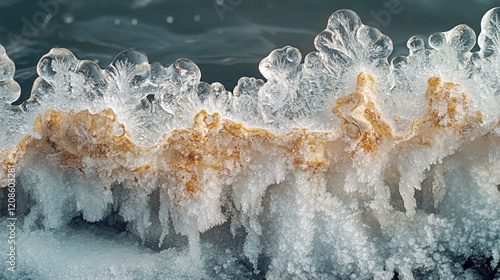A smooth frosty surface on a wooden table, with thin, frost-covered cracks creating a textured pattern. 450