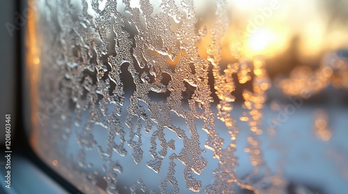 A layer of frost covering a car windshield, with thin, delicate frost patterns and a light reflection. 478