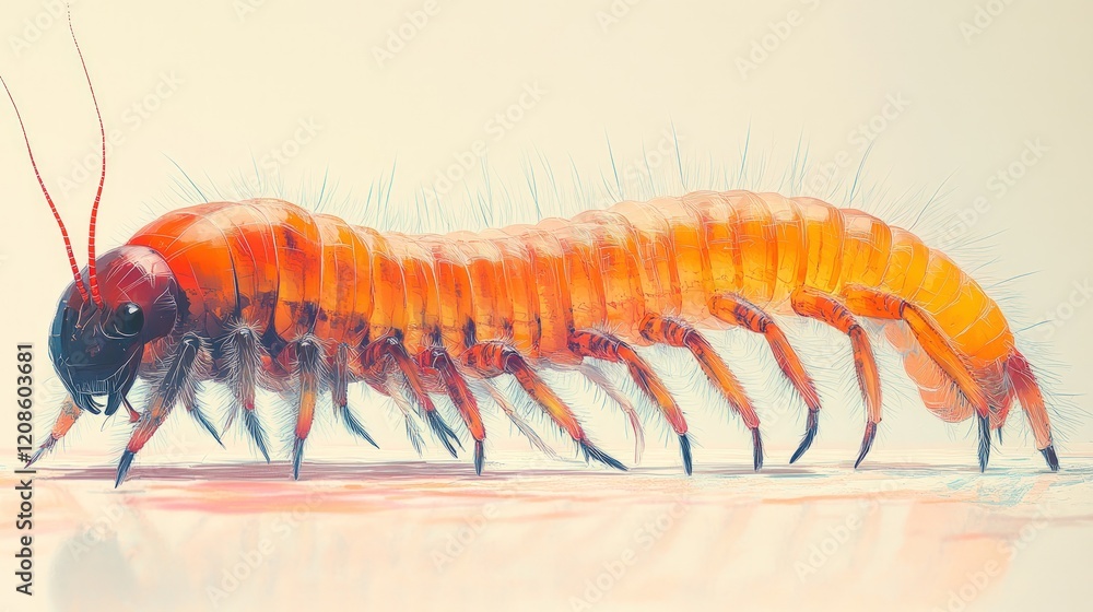 Fototapeta premium Orange segmented creature, many legs, detailed artwork.