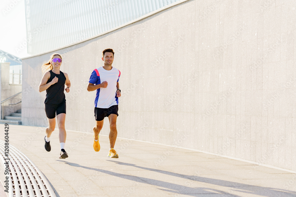Obraz premium Joggers enjoy a sunny morning run along a modern urban path near contemporary architecture