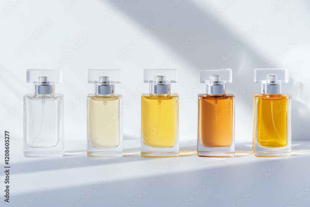Elegant display of minimalist perfume bottles arranged in gradient order on a softly lit surface
