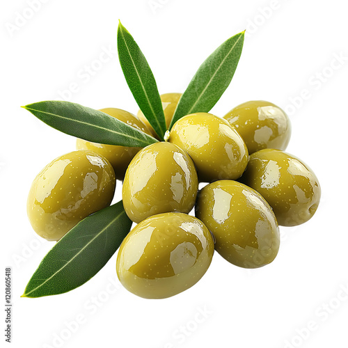 Fresh green olives with vibrant leaves exuding a Mediterranean vibe perfect for food and cooking themes isolated on transparent background, png