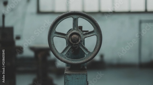 Close-up of a rusty, vintage industrial handwheel in a workshop. photo