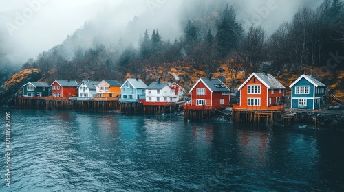 Colorful houses, Norway fjord, misty mountains, calm water, travel postcard photo