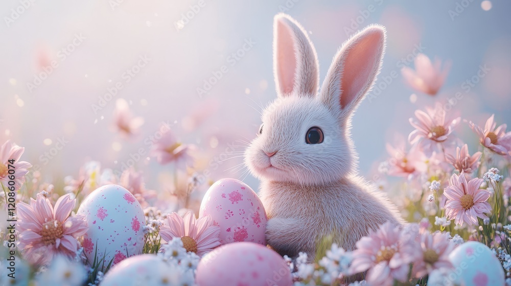 Adorable bunny with easter eggs in spring floral setting for holiday design Adorable bunny with easter eggs in spring floral setting for holiday design
