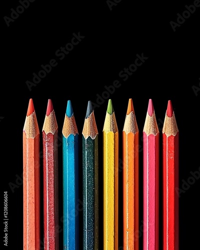 Eight Colored Pencils on Black Background