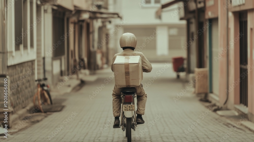 Obraz premium Delivery person on motorbike in narrow street.