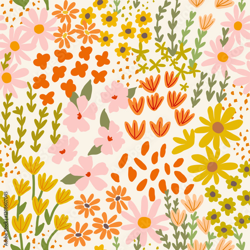 Seamless pattern with little wild meadow flowers and leaves. Colorful cute floral summer background. Can be used for wrapping, textile, print, banner, brochure, label, greeting card, wallpaper	
