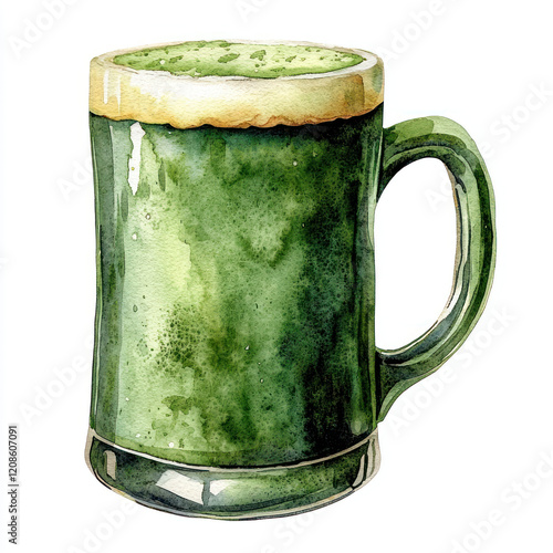 A Watercolor mug with green beverage, perfect for St. Patrick Day celebrations, high quality and sharp focus photo