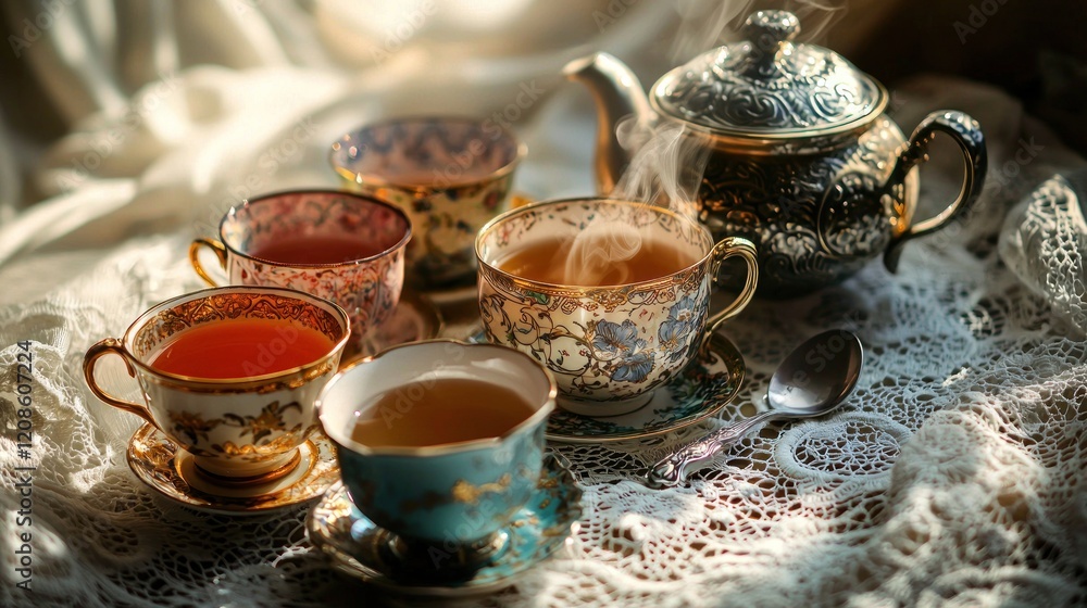 Fototapeta premium Steaming tea in ornate cups and teapot on lace.