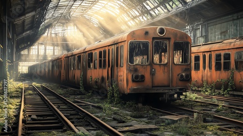 An abandoned train station features rusty orange train cars surrounded by overgrown vegetation and illuminated by soft rays of sunlight filtering through the roof.