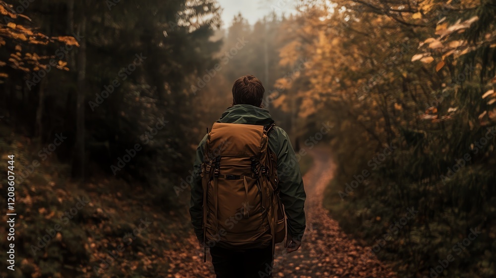 Naklejka premium A hiker walks along a tranquil forest path adorned with autumn leaves, capturing the essence of adventure and nature's beauty.