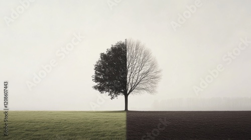 Half-leafed tree in foggy field, split image.