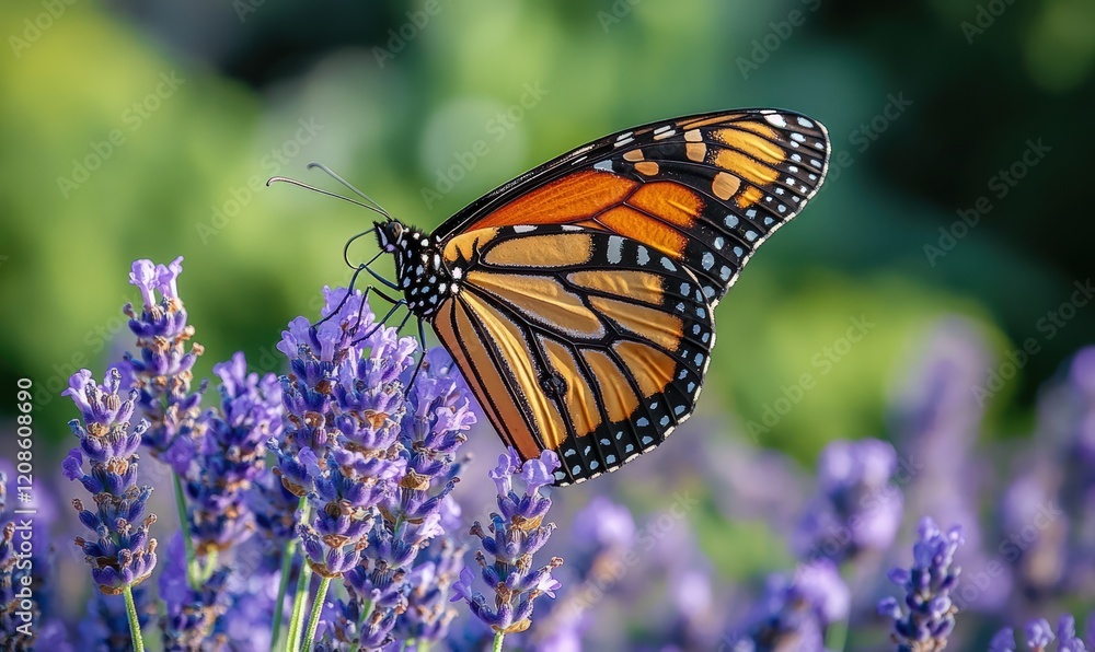Naklejka premium Monarch butterfly feeding on lavender flowers.